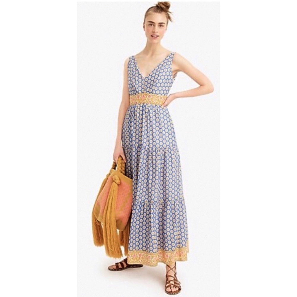 Point Sur J.Crew Blue Block Print Tiered Maxi Dress V-Neck Sleeveless Size 2